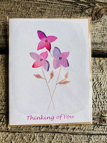 " Thinking Of You " Purple Flowers Watercolor Greeting Card