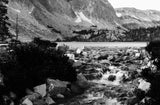 Lake Marie overflow in black and white. Snowy Range Mountains