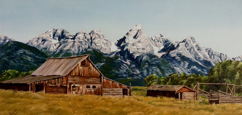 Original oil painting from the Artist, Lee Lane's  own photograph from a trip to the Grand Tetons, Wyoming. A view of the Jackson Barn, no longer available, as the out building and corrals, no longer exist. Enjoy this painting of this old barn in the shadows of the Tetons.