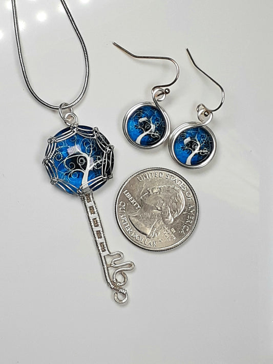 Necklace and Earring Set - Silver Tree Of Life Key
