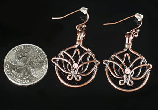 lotus flower with pink tourmaline. round earrings in copper. copper ear wires