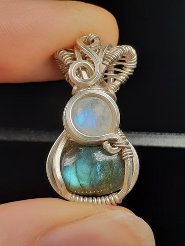 labradorite and moonstone micro pendant with snake chain necklace