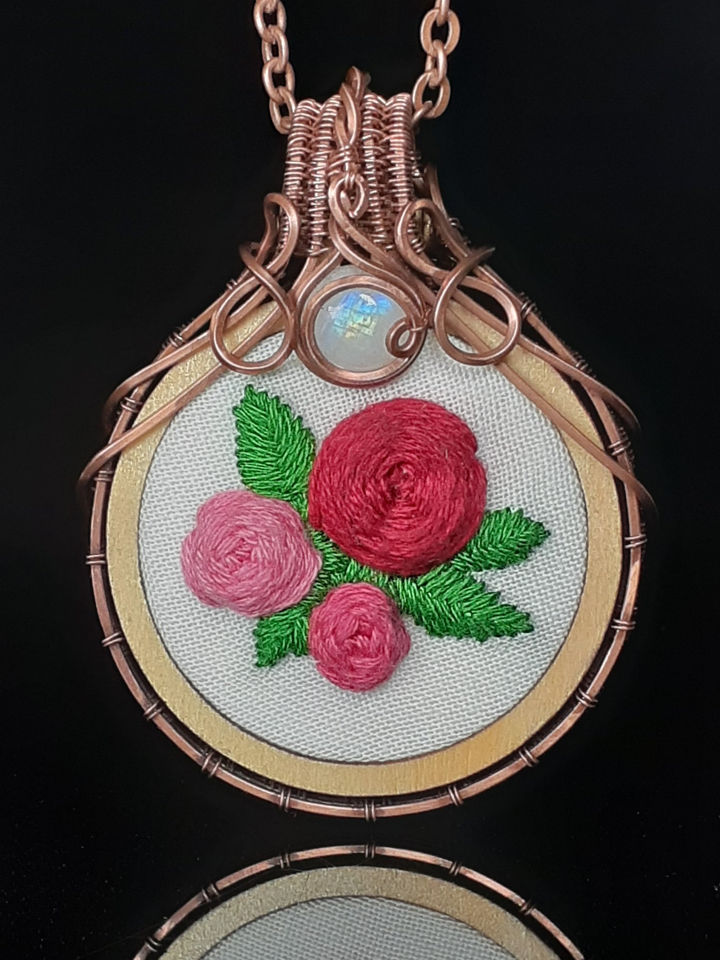 Embroidered Rose And Moonstone Pendant