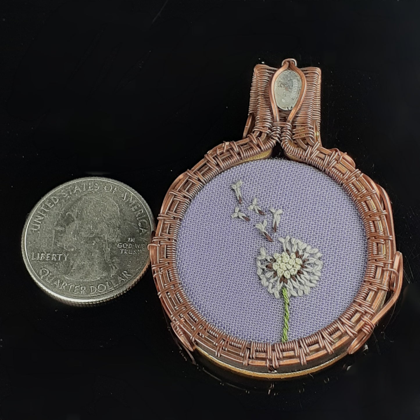 Embroidered Dandelion And Moonstone Pendant