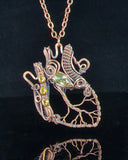 Yellow Crystals Anatomical Wire Wrapped Heart Pendant