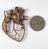 Yellow Crystals Anatomical Wire Wrapped Heart Pendant