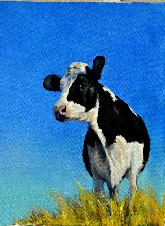 Linda's Cow Artist: Renee Laegreid From an Original oil painting by the artist  Holstein cow surrounded by beautiful blue sky and a bit of grass to munch on  Choose From:  5x7 Blank card with envelope  Perfect for sending to friends and family  Artist photograph and information on the back of the card  8x10 Matted Print  8x7 image size in an 11x14 black matting  Ready for a frame of your choosing"