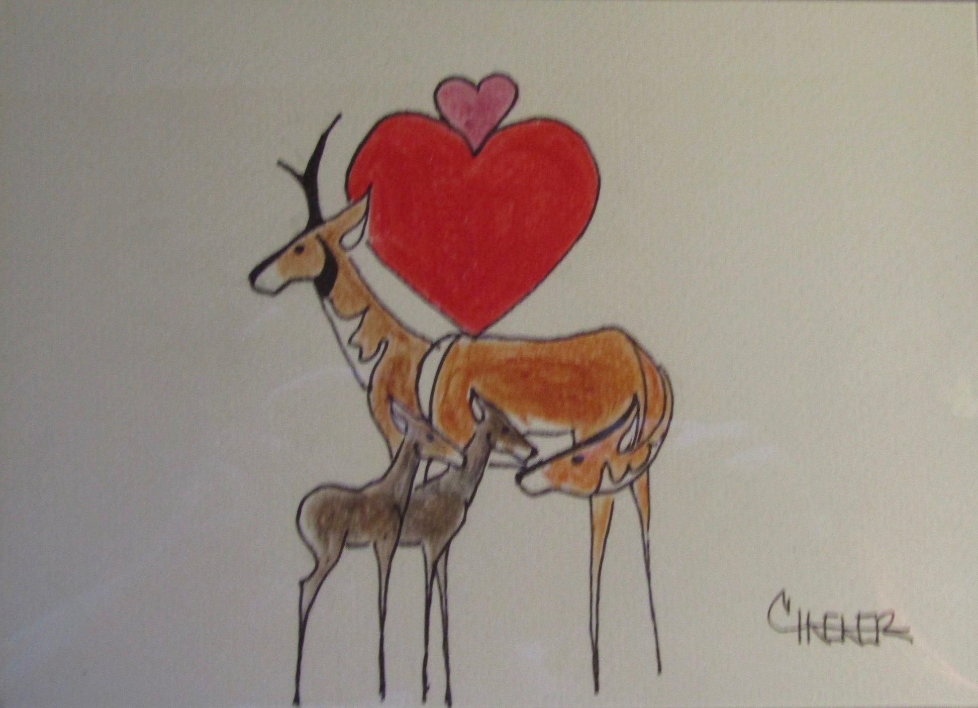 hand drawn pen and watercolor original. twin antelope being nuzzled by their mom while dad keeps watch.  Large red heart and small pink heart above them. white background. 5"x 7" black plastic frame