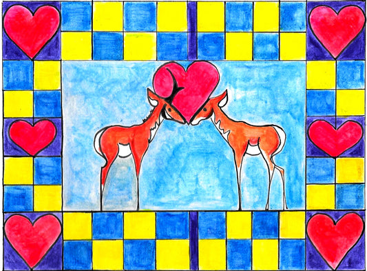 blank card with envelope featuring two antelope touching noses. Red hearts adorn the corner of the card. blue and yellow checkerboard design surround the two antelope..