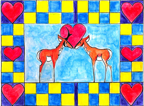 blank card with envelope featuring two antelope touching noses. Red hearts adorn the corner of the card. blue and yellow checkerboard design surround the two antelope..