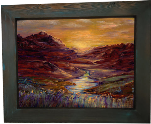 "Sunset Blvd" Framed Reproduction Giclee Print Artist: Melonie Jones  Beautiful sunrise o f a western desert sunset   16" Long  X  13 1/2" Wide  X  1" Deep  Rustic blue green frame with ware accents   Would look great on the wall or on an easel on the fire place  Please note, each  piece is custom designed by the Artist , with a slight variation between each piece  JLO