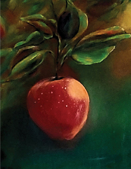 "Eden" Greeting Card Artist: Melonie Jones   Beautiful of  greeting card of original print of a apple against a dark green back ground  5 1/2" Long  X  4 1/4" Wide  X  1/8" Deep  Greeting card have envelope and are blank inside  Great thank you card that also can be framed as art work  Please note, each  piece is custom designed by the Artist , with a slight variation between each piece
