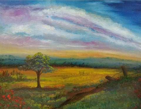 "Lone Tree" Greeting Card Artist: Melonie Jones   Beautiful of  greeting card of original print of a lone tree on the planes with a cloudy sky  5 1/2" Long  X  4 1/4" Wide  X  1/8" Deep  Greeting card have envelope and are blank inside  Great thank you card that also can be framed as art work  Please note, each  piece is custom designed by the Artist , with a slight variation between each piece