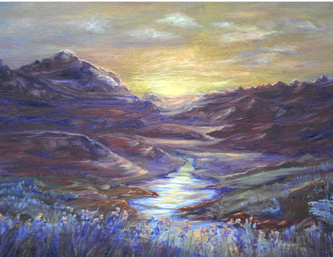 "Sunset Boulevard" Greeting Card Artist: Melonie Jones   Beautiful of  greeting card of original print of a the sun setting on valley and mountains  5 1/2" Long  X  4 1/4" Wide  X  1/8" Deep  Greeting card have envelope and are blank inside  Great thank you card that also can be framed as art work  Please note, each  piece is custom designed by the Artist , with a slight variation between each piece