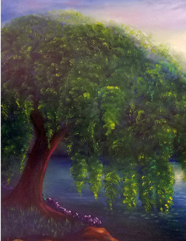 "Weeping Willow" Greeting Card Artist: Melonie Jones   Beautiful of  greeting card of original print of a weeping willow tree beside a lake and blue sky  5 1/2" Long  X  4 1/4" Wide  X  1/8" Deep  Greeting card have envelope and are blank inside  Great thank you card that also can be framed as art work  Please note, each  piece is custom designed by the Artist , with a slight variation between each piece