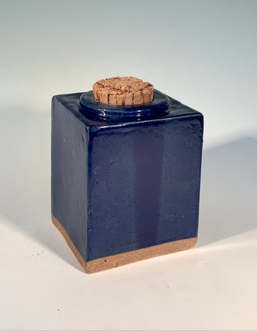 beautiful square jar in cobalt blue glaze with cork stopper