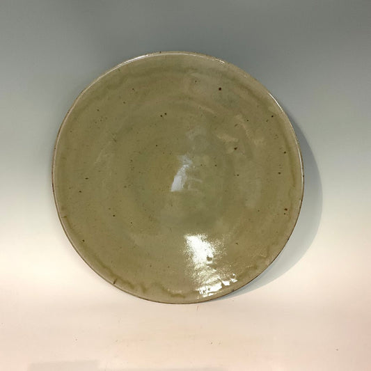 Large Hand Thrown Stoneware Platter Muffy Moore: Ceramic Potter Hand thrown stoneware platter  Gray green glaze  14 1/2" across x 3" tall  Perfect as a centerpiece serving platter for a holiday meal