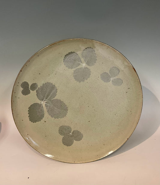 Strawberry Leaves 15" Stoneware Platter Muffy Moore: Ceramic Potter Hand thrown stoneware platter  Gray glaze with strawberry leaves pattern  15" across x 1" tall  Will make a large platter for serving
