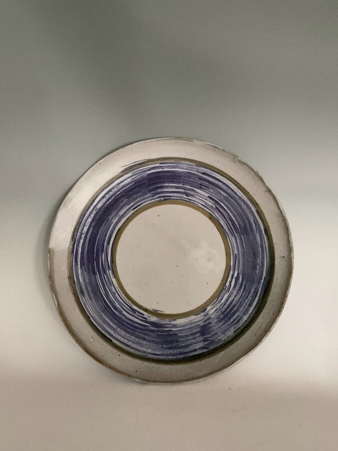 Blue And Green Stripe Stoneware Platter Muffy Moore: Ceramic Potter Hand thrown stoneware platter  Gray glaze with large blue stripe and small green stripes  14 1/2" across x 1 1/2" tall  Extra large plate or use as a serving platter
