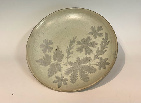 Wyoming Leaves Gray Glaze 11" Stoneware Plate Muffy Moore: Ceramic Potter Hand thrown stoneware plate  Gray glaze with Wyoming leaf pattern  11" across x 1 1/2" tall  Will make a large dinner plate or small serving platter