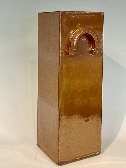 Tall Shino Square Vase Muffy Moore: Ceramic Potter Hand thrown stoneware vase  Copper looking glaze  Square vase with handles  Dishwasher safe, oven and food safe  4" long x 4" wide x 12" tall  3 1/2" square opening at the top  Would make a great vase for a bouquet of flowers