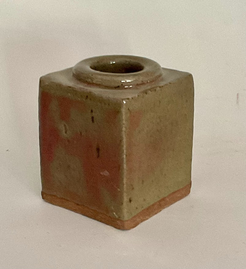 Green and Copper Glazed Square Stoneware Vase - Muffy Moore: Ceramic Potter Hand thrown stoneware slab vase  Gray and Copper glazed  Raw stoneware bottom edge  Squared vase with round opening  3" square x 4" tall  Beautiful decorative vase  Small storage vase