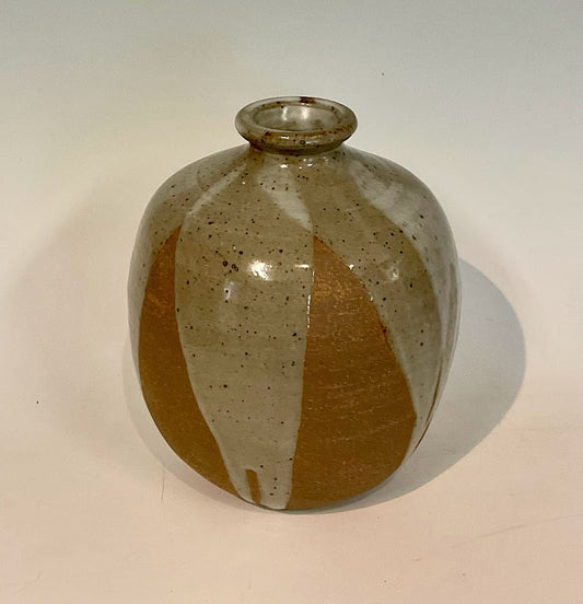 Stoneware Jug With Cork Stopper Muffy Moore: Ceramic Potter Hand thrown stoneware bottle  Cork Stopper for the neck of the jug (not shown in the photo)  Drip gray glaze flows down from the neck to the bottom  Dishwasher safe, oven and food safe  Container  6" across at the widest  2" across at the neck  8" tall