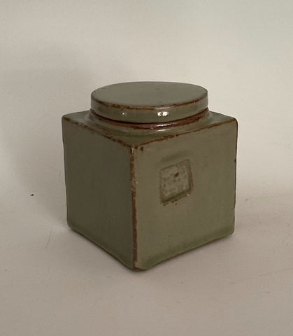 Small Square Chun Green Glazed Lidded Jar With Stamp