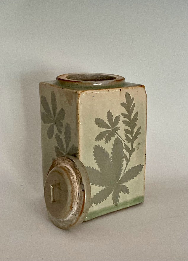 Gray Glazed Wyoming Leaves Covered Stoneware Jar