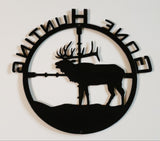 Back view of the Gone Hunting metal sign to show  hole placement for handing at the top and bottom.