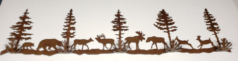 A medium metal rack with bears, elk, moose, deer and trees out out with hooks the shape of tree roots  Grinded and sandblasted with polished heat finish rustic patina colors  Glossy clear coat protective enamel  32" long x 7.5" wide x 3" high