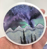 Circular Vinyl Sticker  3" across  See the Milky Way in a beautiful night sky above the mountains and pine trees  Print from an original work by the artist  Great to use on a water bottle, laptop, or anywhere for decoration