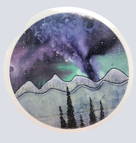Circular Vinyl Sticker  3" across  See the Milky Way in a beautiful night sky above the mountains and pine trees  Print from an original work by the artist  Great to use on a water bottle, laptop, or anywhere for decoration
