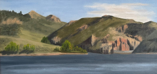 Crystal Lake in Curt Gowdy State Park between Laramie and Cheyenne Wyoming  Plein air painting  16" long x 8" high oil painting  18" long x 10" high x 1" wide as framed  Framed in a gold colored wood frame