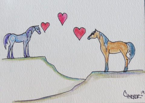 Wild Mustang Horses, in love, across the miles, missing each other. Individually hand drawn