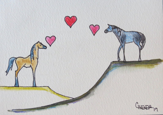 Framed Original Watercolor and Ink- Mustang Love - Mustangs Across the Miles