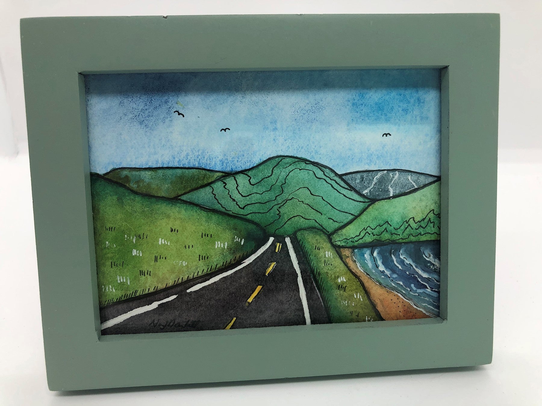 Yellowstone Lake memories in this original, framed, hand painted, watercolor with ink, on professional grade watercolor paper. Gift box, tissue paper, and ribbon for your gift giving included. Small originals for smalls paces, bring Wyoming's beauty into your home.