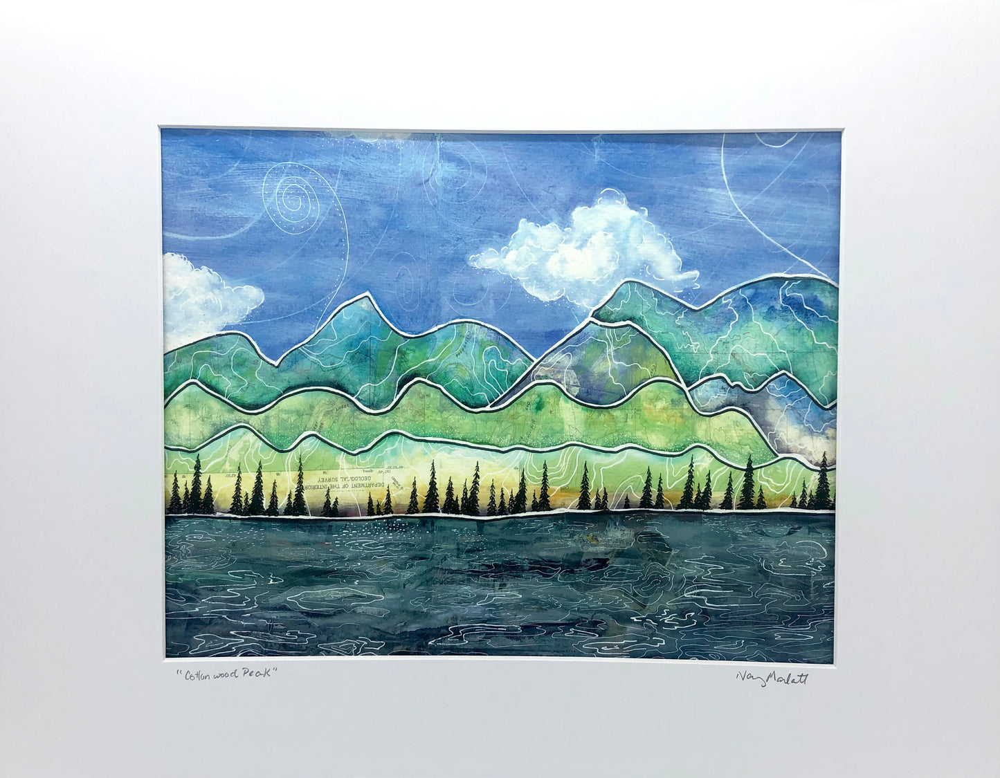 " Cottonwood Peak " print is from an original watercolor created by the artist for a public art installation project in Washington Park in Laramie Wyoming, Mountains and blue sky with pine trees