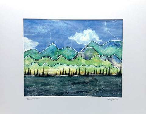 " Cottonwood Peak " print is from an original watercolor created by the artist for a public art installation project in Washington Park in Laramie Wyoming, Mountains and blue sky with pine trees