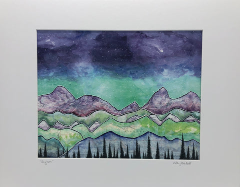 " Bighorn " print is from an original watercolor created by the artist for a public art installation project in Washington Park in Laramie Wyoming. mountains, pintrees and night sky