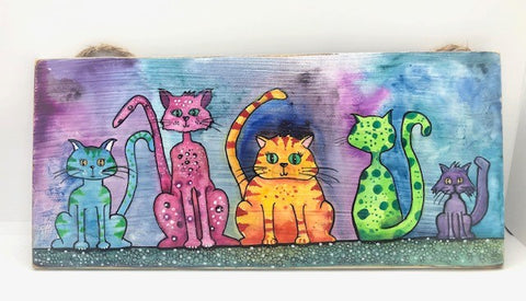 " Five Cats " Original Mixed Media Wood Panel Art