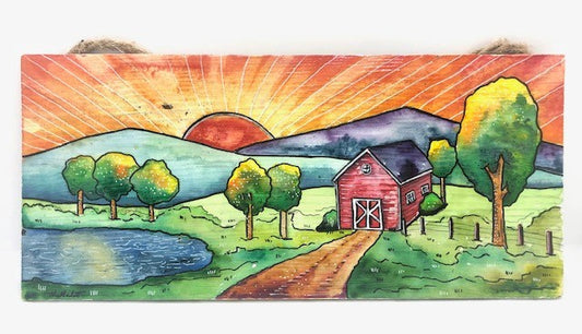  " Red Barn " Original Watercolor Painting Wood Panel Artist: Nancy Marlatt    Original hand painted watercolor painting with acrylic pen on a wood panel.  The back has felt corners  The back is white washed  Jute string is attached on the backside for wall display  Sealed with an acrylic Gloss finish  12" long x 5 1/4" high x 1/4" wide  Brilliant Sunset behind the hills  Scene of a red barn with trees and fence around it and a nearby pond