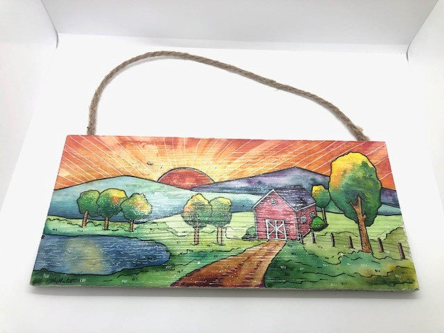 " Red Barn " Original Watercolor Painting Wood Panel Artist: Nancy Marlatt    Original hand painted watercolor painting with acrylic pen on a wood panel.  The back has felt corners  The back is white washed  Jute string is attached on the backside for wall display