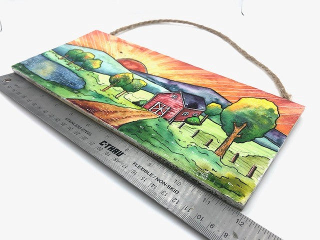 " Red Barn "   Original Watercolor Painting  Wood Panel