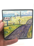  " Gas Stop " Original Miniature Watercolor Painting Artist: Nancy Marlatt    Original hand painted miniature watercolor painting  Framed with a small, affordable frame for wall or table top display  4" long x " high x 1/4" wide