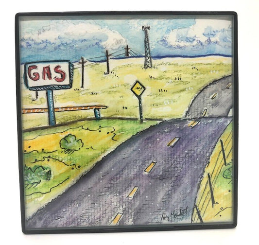  " Gas Stop " Original Miniature Watercolor Painting Artist: Nancy Marlatt    Original hand painted miniature watercolor painting  Framed with a small, affordable frame for wall or table top display  4" long x " high x 1/4" wide   Old highway road with an old fashioned "GAS" sign  In the background are power lines and a windmill  Pasture grass with blue skies and fluffy white clouds  Please note, each art piece is hand created by the Artist , with a slight variation between each piece