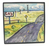 " Gas Stop " Original Miniature Watercolor Painting Artist: Nancy Marlatt    Original hand painted miniature watercolor painting  Framed with a small, affordable frame for wall or table top display  4" long x " high x 1/4" wide   Old highway road with an old fashioned "GAS" sign  In the background are power lines and a windmill  Pasture grass with blue skies and fluffy white clouds  Please note, each art piece is hand created by the Artist , with a slight variation between each piece