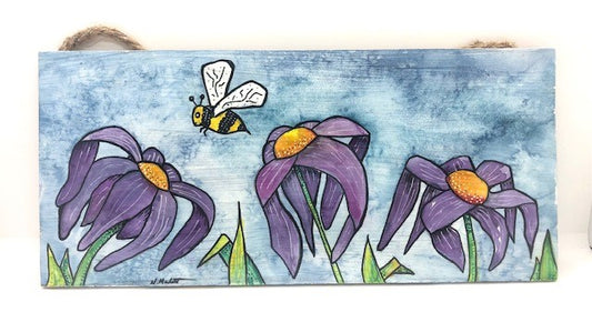  " Bee Happy " Original Watercolor Painting Wood Panell Artist: Nancy Marlatt    Original hand painted watercolor painting with acrylic pen on a wood panel.  The back has felt corners  The back is white washed  Jute string is attached on the backside for wall display  Sealed with an acrylic Gloss finish  12" long x 5 1/4" high x 1/4" wide   Fun, cheerful, spring,  purple flowers dance across the panel while  a bumble bee flies above them
