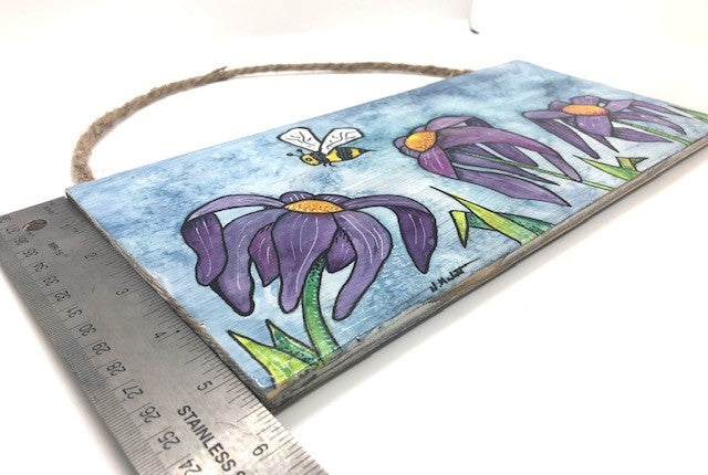 " Bee Happy " Original Watercolor Painting Wood Panell Artist: Nancy Marlatt    Original hand painted watercolor painting with acrylic pen on a wood panel. PHoto os panel with a ruler, showing the side measurement of 5.5 inches