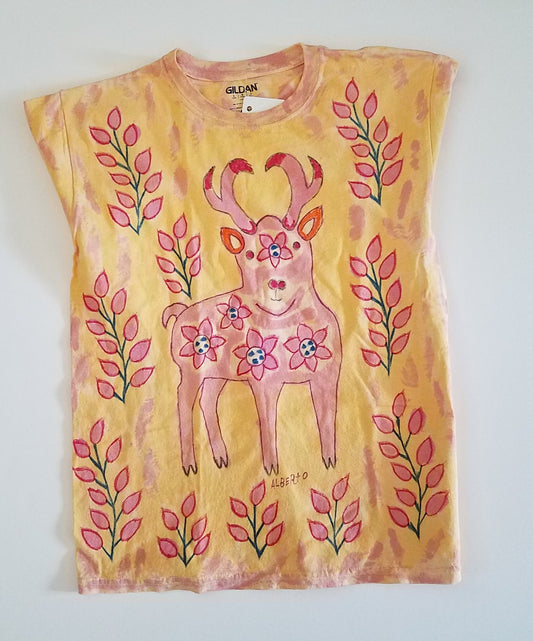 Peruvian Art Antelope / Branches Youth Large Tee Shirt Artist: Alberto Alcantara Peruvian art work on tee shirts   Orange, yellow and green color tones  Antelope branches tee shirt   Size youth large  Look great with a pair of blue jeans   Please note tee shirt is hand made by artist and there will be a slight variation between each tee shirt